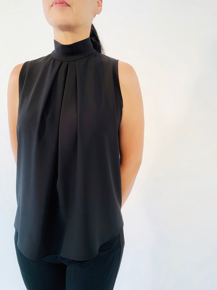 Pleat Neck Top in Black. Also available in White (colour not shown) - PERIPHERY