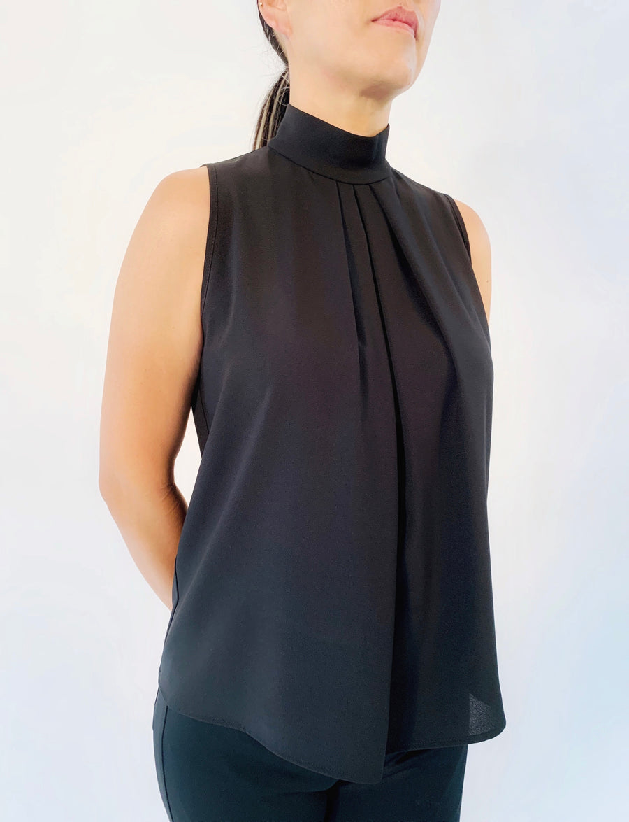 Pleat Neck Top in Black. Also available in White (colour not shown) - PERIPHERY